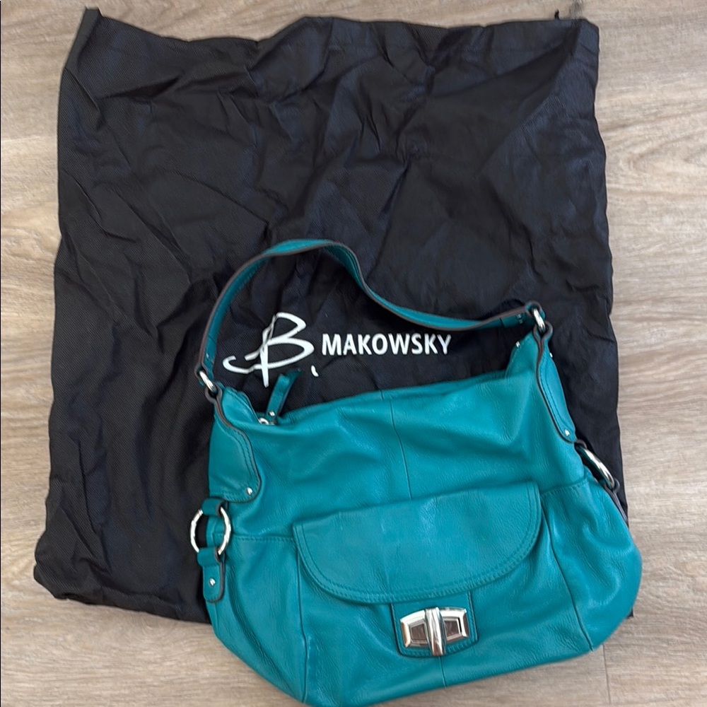 B. Makowsky Blue Shoulder Bag with Silver Clasp